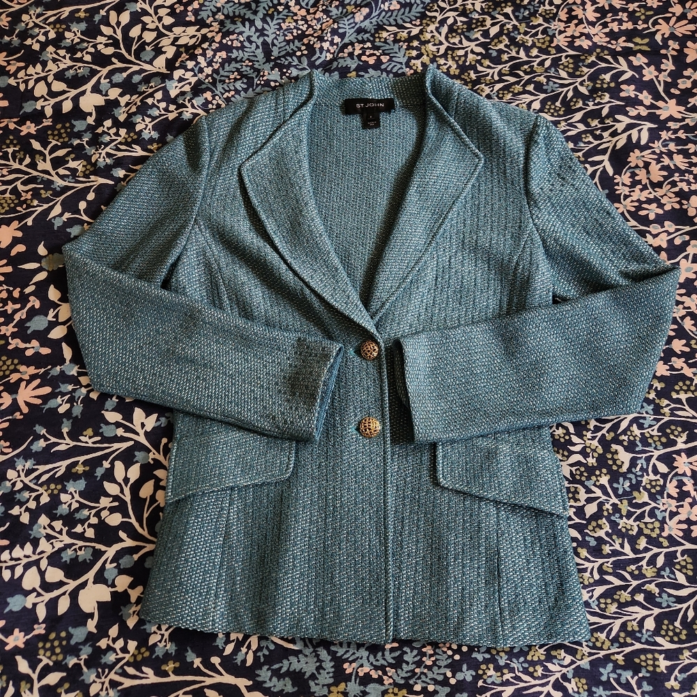 St. John Women's Tweed Wool Blend Blue Blazer Jacket Size 8 Gold Buttons